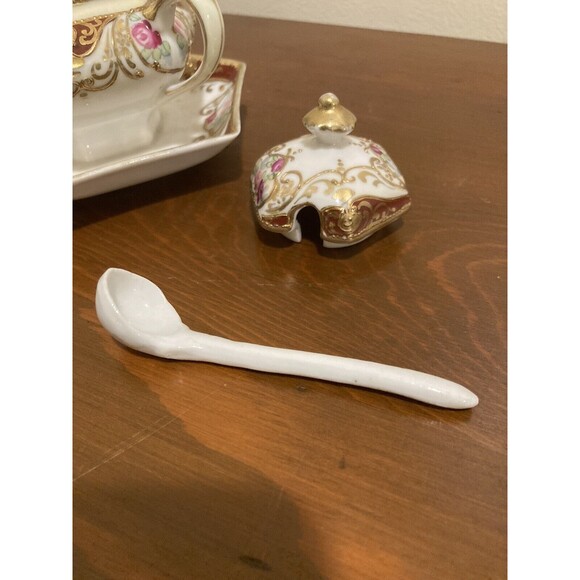Antique Nippon c1911 Floral Sugar Bowl W/ Lid & Spoon Attached Plate Gold Accent - Picture 5 of 14
